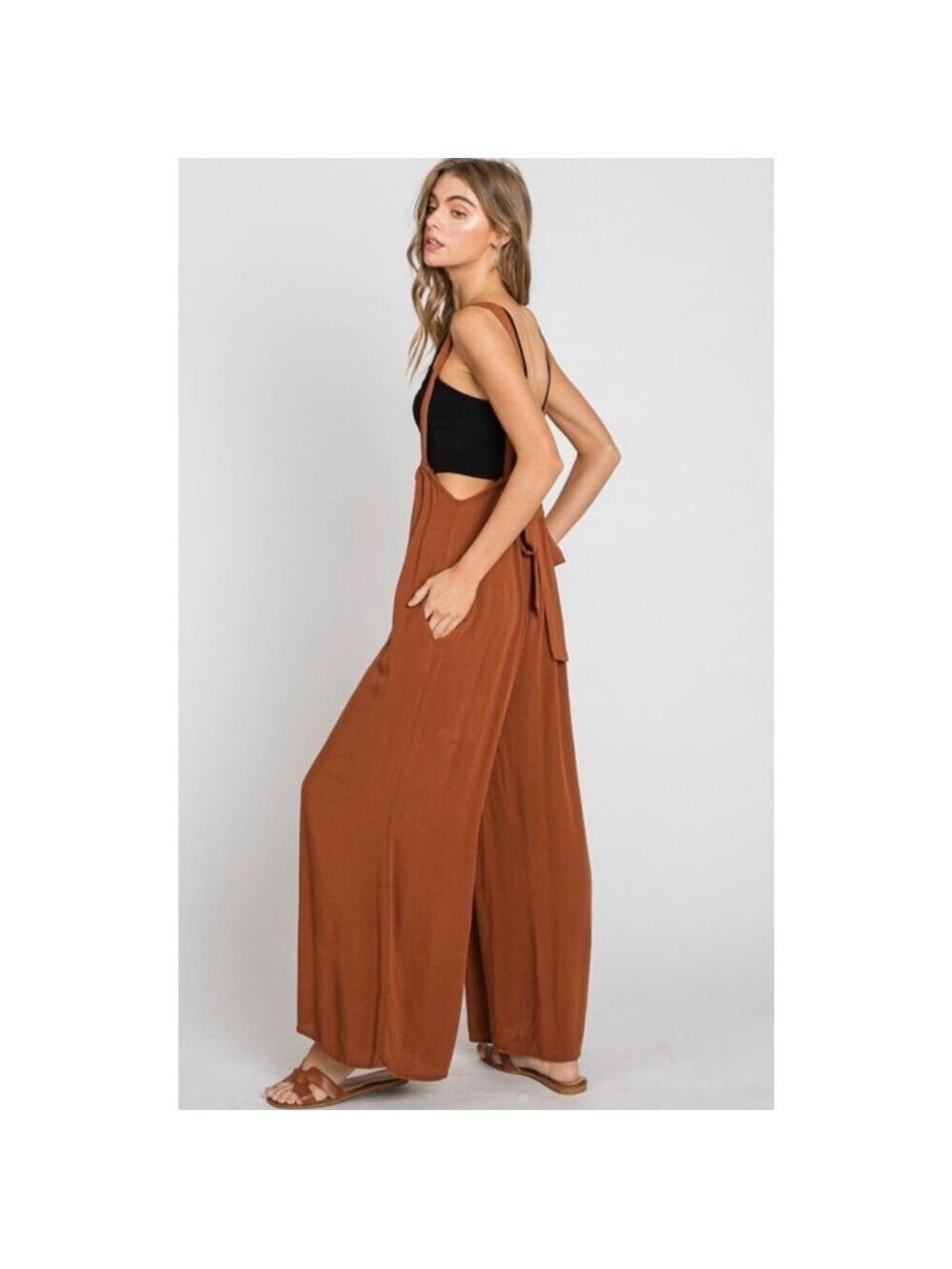 Zenana Tie Back Suspender Jumpsuit with Pockets Size L NWT